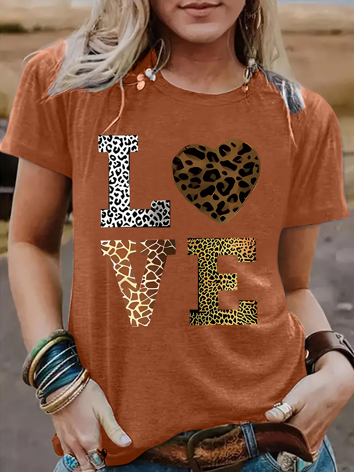 Women’s Leopard Print Love Heart T-Shirt – Short Sleeve Crew Neck Graphic Tee