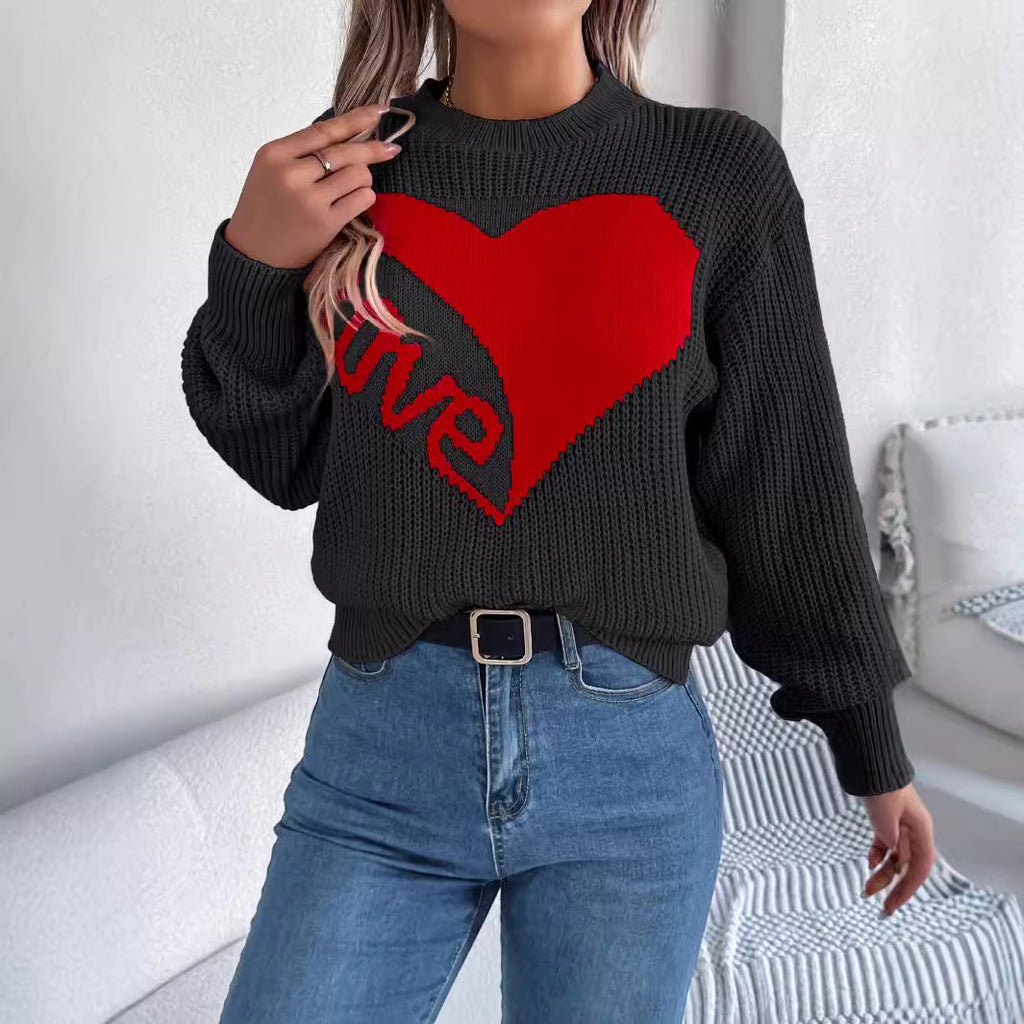 Red Heart Patch Long Sleeve Sweater – Women's Casual Valentine's Day Pullover from Mish Mash Market
