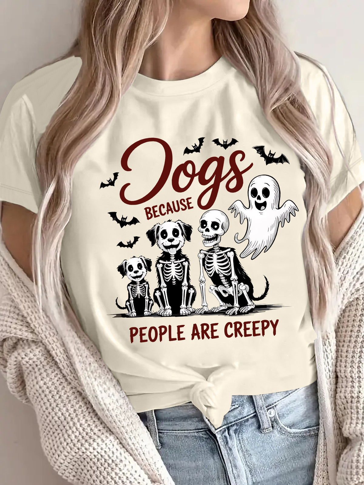 Women's "Dogs Because People Are Creepy" Halloween Printed T-Shirt - Short Sleeve Graphic Tee