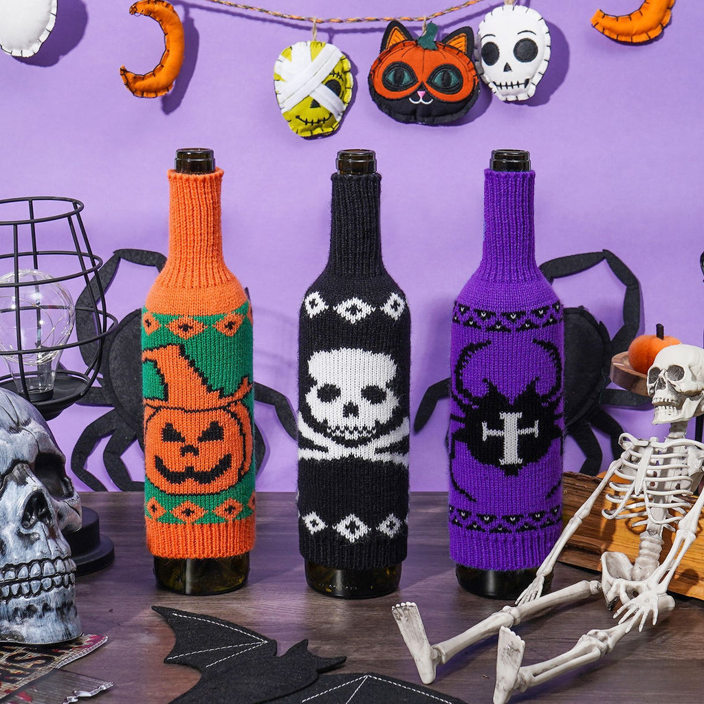 Halloween Knitted Wine Bottle Cover – Pumpkin, Skull, & Spider Table Decor from Mish Mash Market