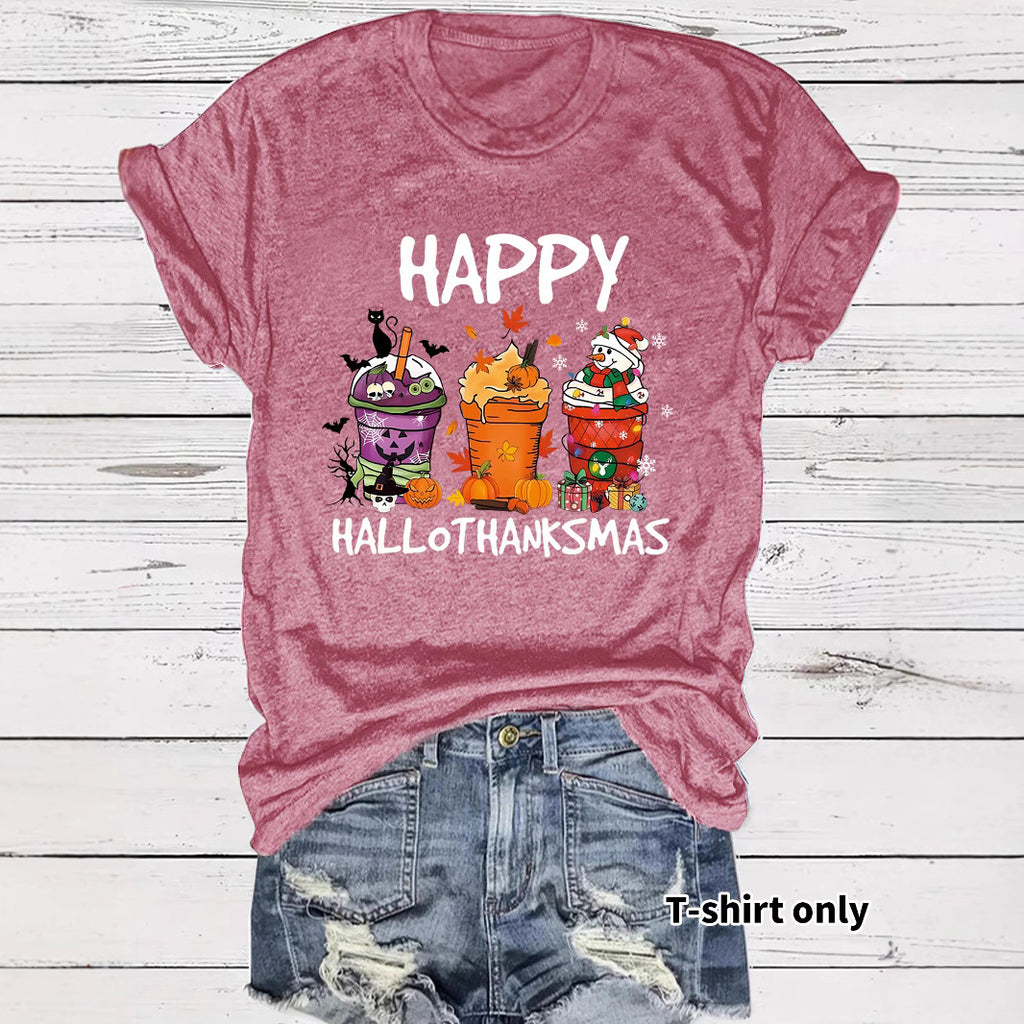 Women's Happy Hallothanksmas T-Shirt – Holiday Graphic Crew Neck Short Sleeve Top from Mish Mash Market