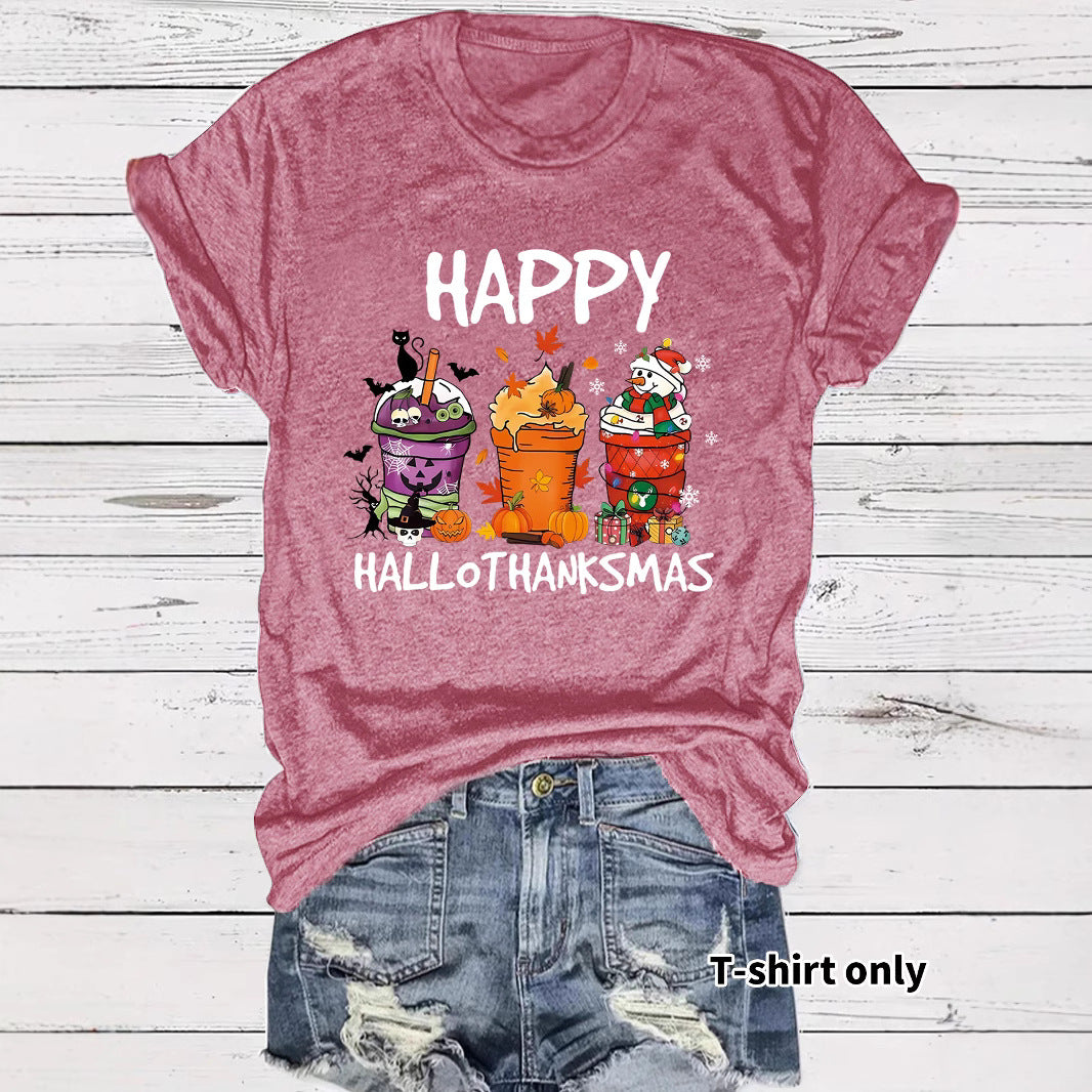 Women's Happy Hallothanksmas T-Shirt – Holiday Graphic Crew Neck Short Sleeve Top from Mish Mash Market
