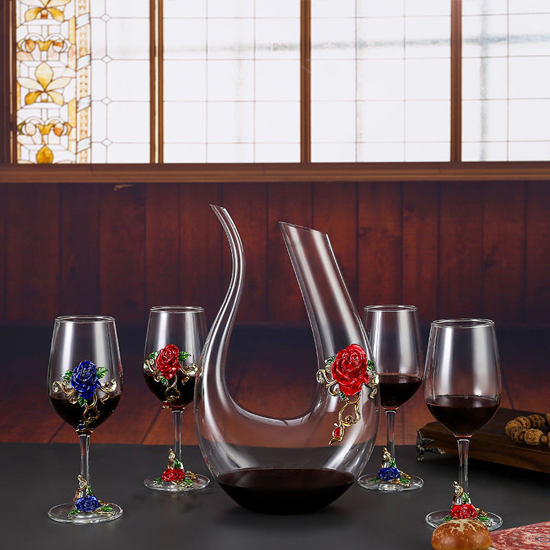 Handmade Enamel Crystal Wine Goblet with Vintage Floral Design and Matching Decanter