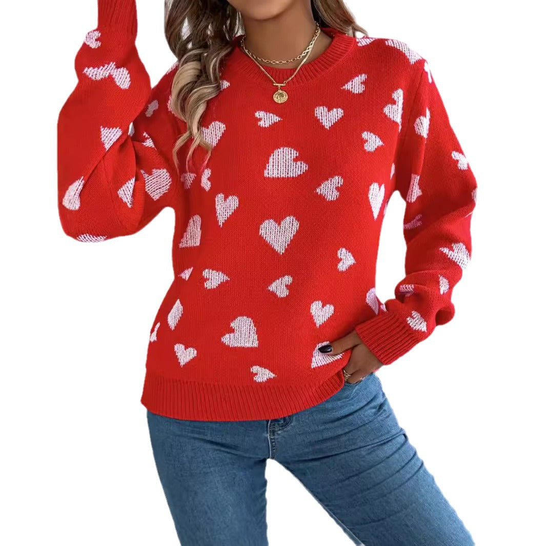 Women's Color-Blocked Love Heart Knit Sweater – Long Sleeve Lantern Sleeve Pullover