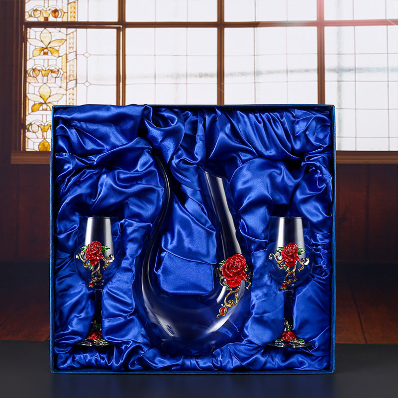 Handmade Enamel Crystal Wine Goblet with Vintage Floral Design and Matching Decanter from Mish Mash Market