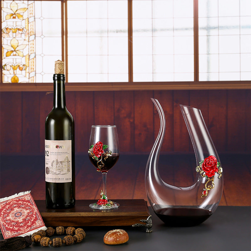 Handmade Enamel Crystal Wine Goblet with Vintage Floral Design and Matching Decanter