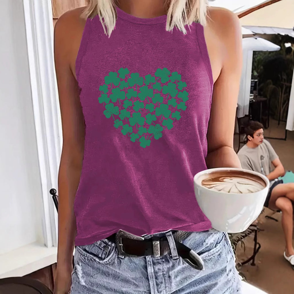 Lucky Clover Heart Printed Tank Top - Western Style Sleeveless Cotton Shirt from Mish Mash Market