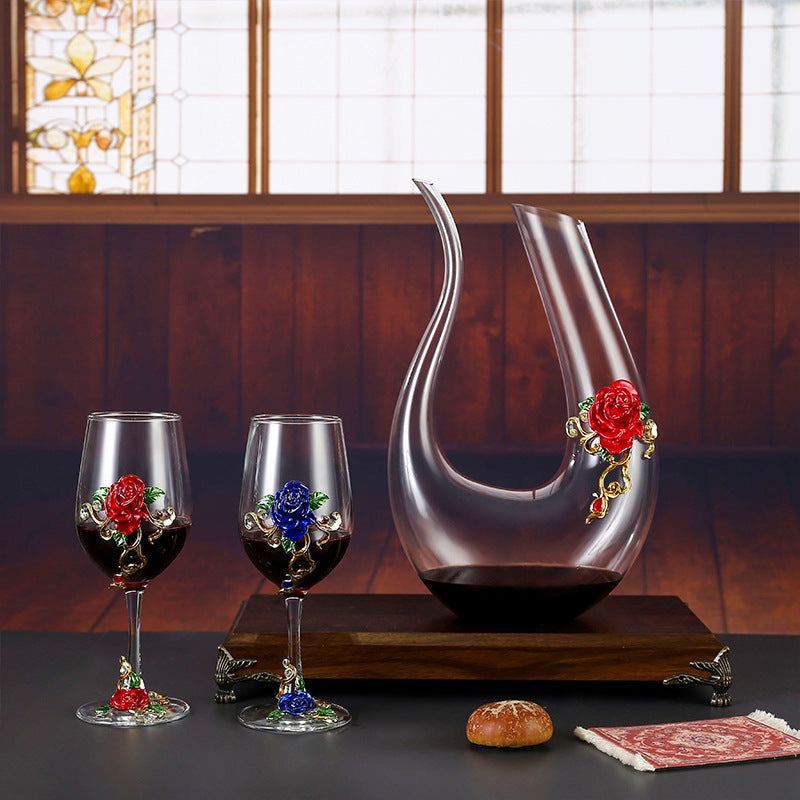Handmade Enamel Crystal Wine Goblet with Vintage Floral Design and Matching Decanter