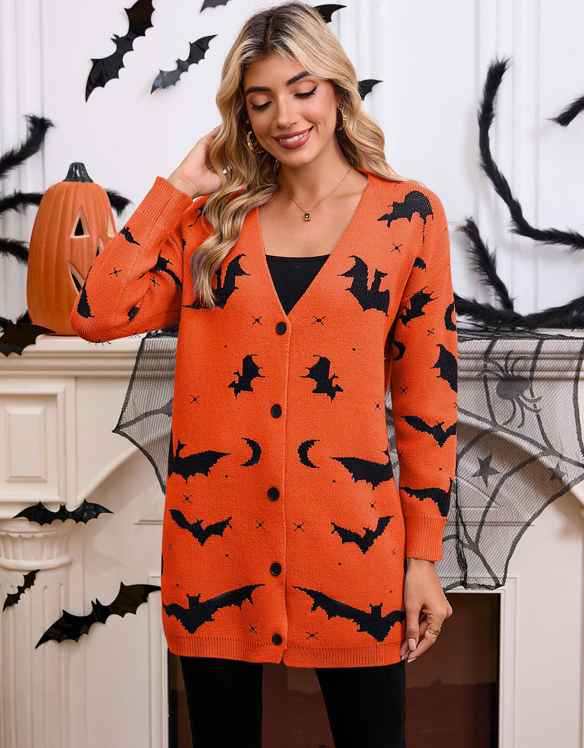 Women's Halloween Bat Jacquard Open-Front Knit Cardigan Sweater from Mish Mash Market