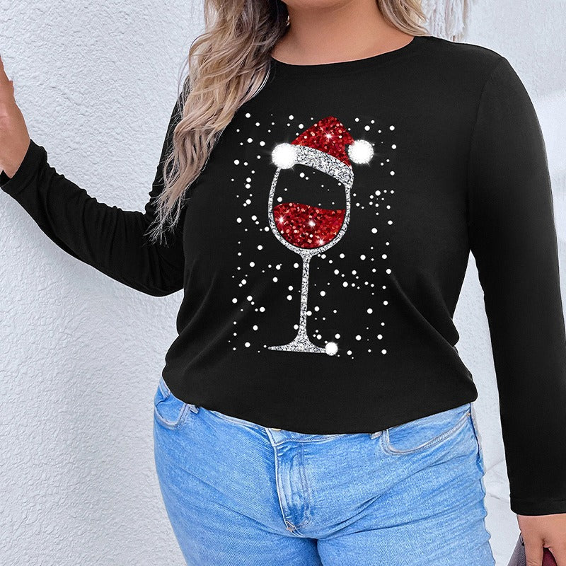Plus Size Women's Christmas Wine Glass Long Sleeve Top