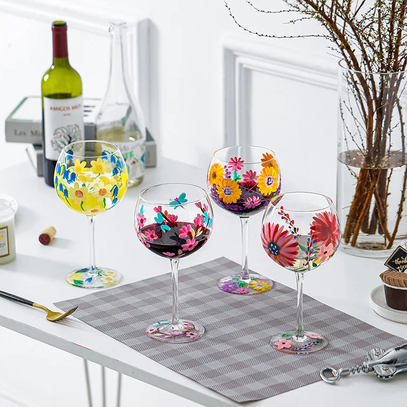 Nordic Hand-Painted Floral Wine Glass – Elegant Crystal Goblet for Weddings & Home