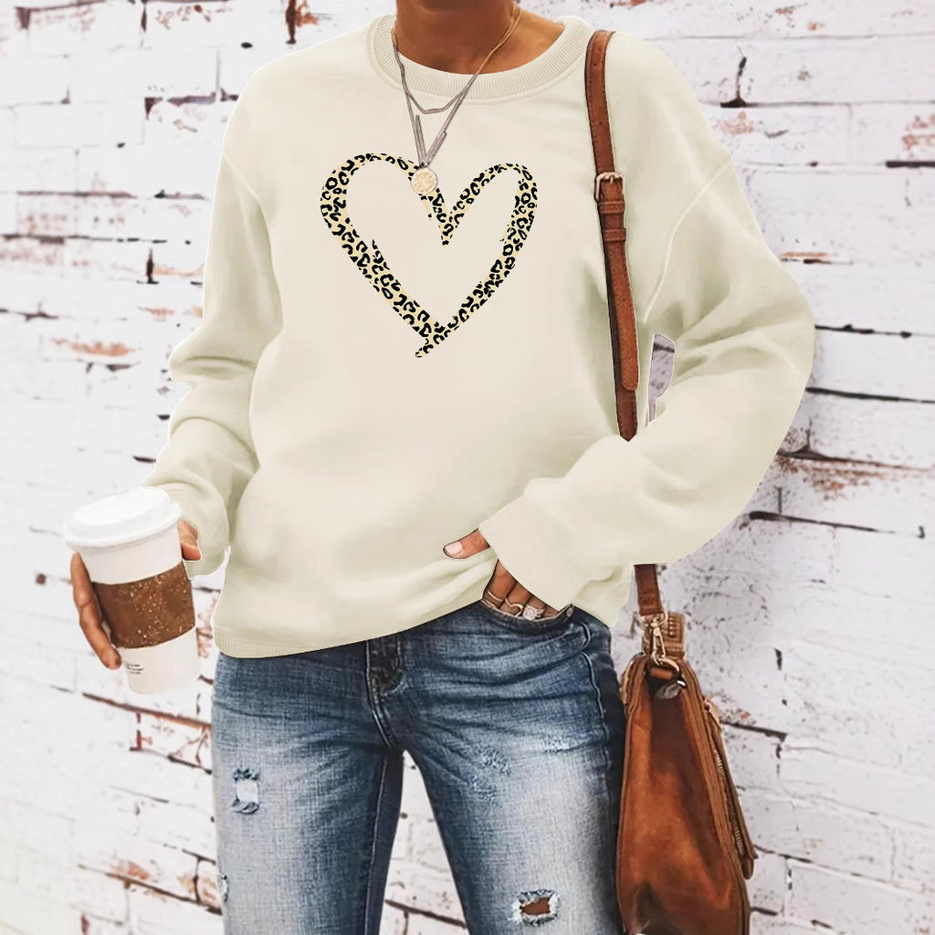 Women’s Leopard Heart Print Sweatshirt – Casual Long Sleeve Crew Neck Pullover from Mish Mash Market