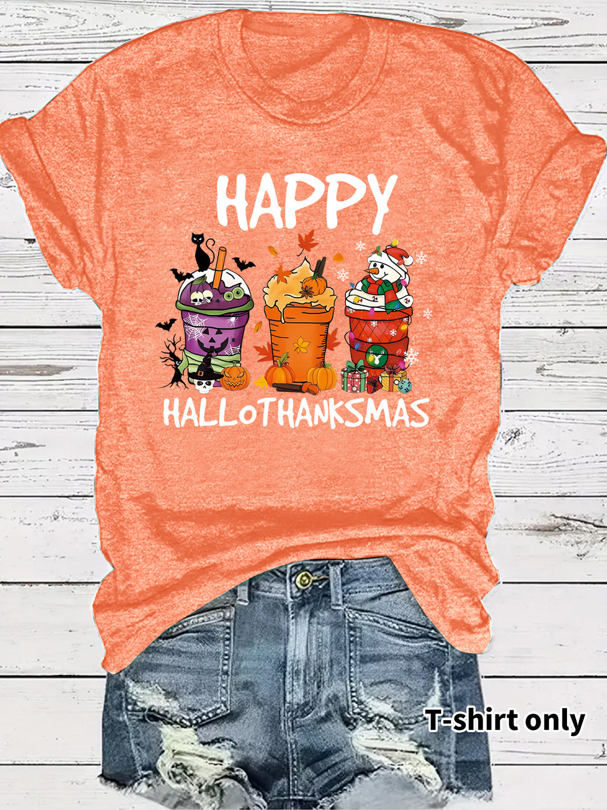 Women's Happy Hallothanksmas T-Shirt – Holiday Graphic Crew Neck Short Sleeve Top from Mish Mash Market