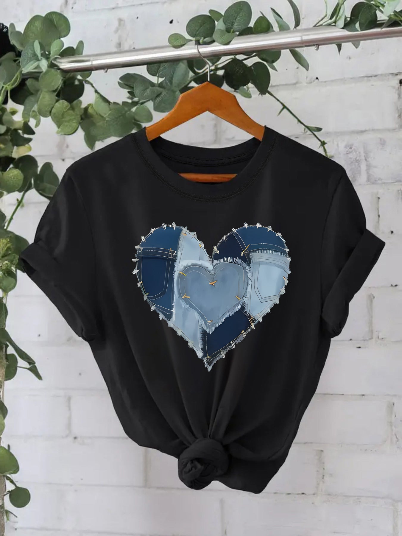 Western Cowboy Heart Graphic T-Shirt - Blue Denim Patch Print Short Sleeve Tee from Mish Mash Market
