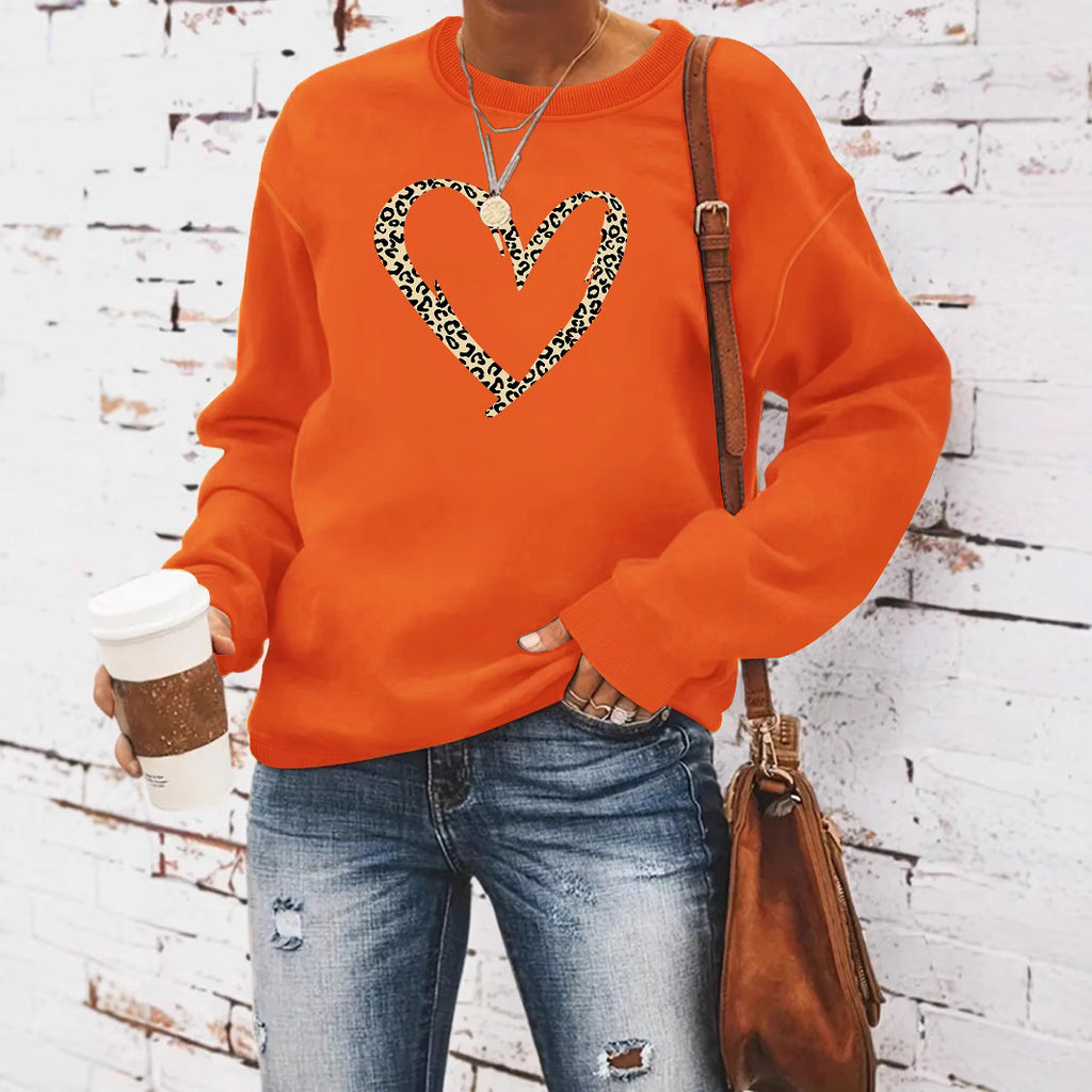 Women’s Leopard Heart Print Sweatshirt – Casual Long Sleeve Crew Neck Pullover from Mish Mash Market
