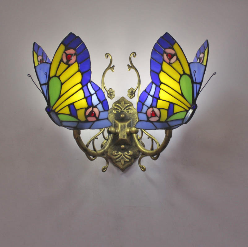 Tiffany Style Stained Glass Butterfly Wall Sconce – Colorful Vintage Accent Lighting