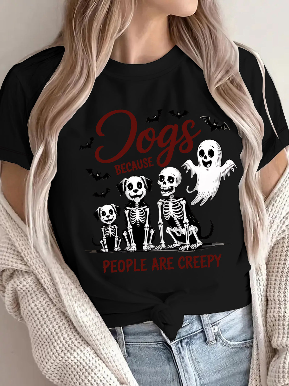 Women's "Dogs Because People Are Creepy" Halloween Printed T-Shirt - Short Sleeve Graphic Tee