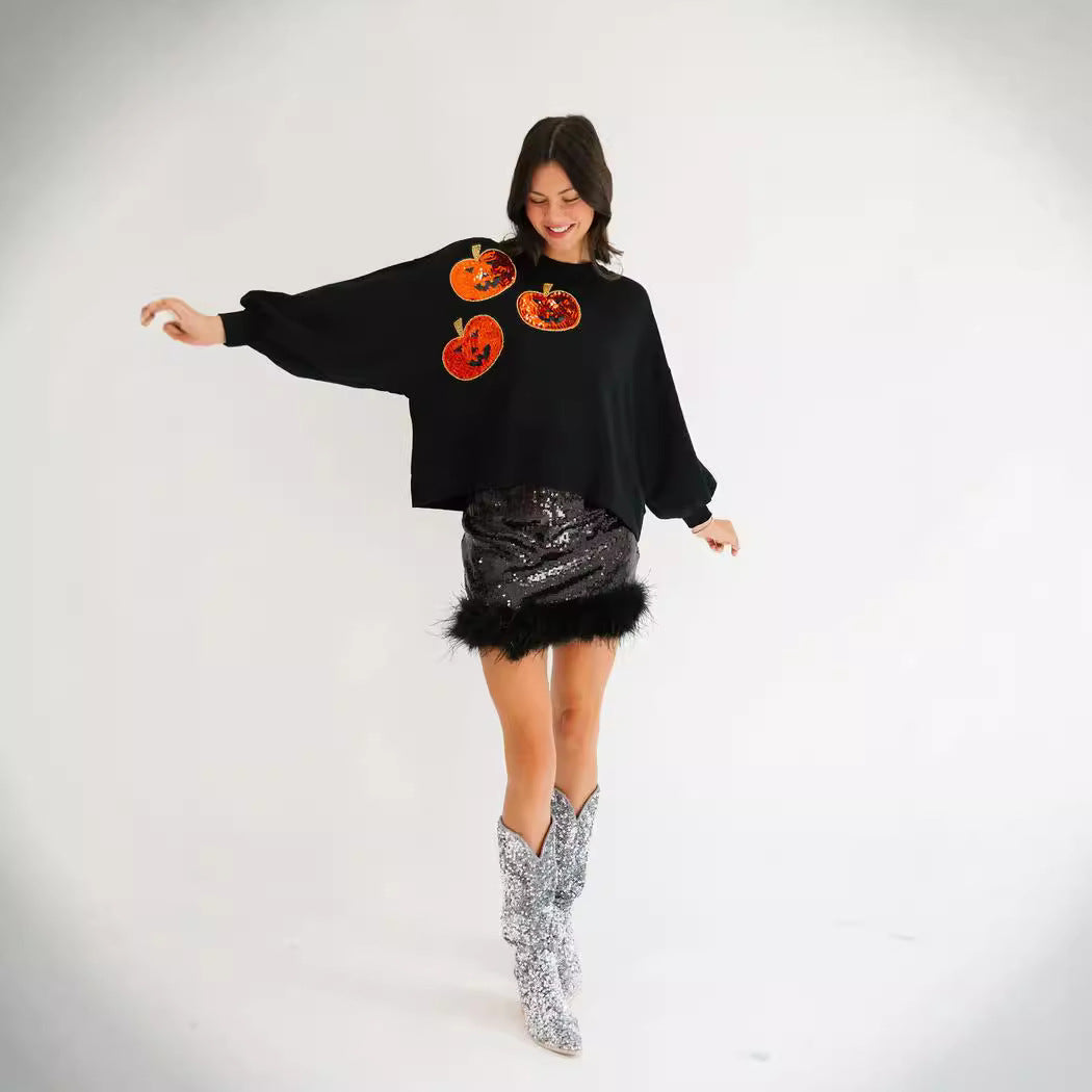 Women's Halloween Pumpkin Sequin Long Sleeve Hoodie - Loose Fit Casual Sweatshirt from Mish Mash Market