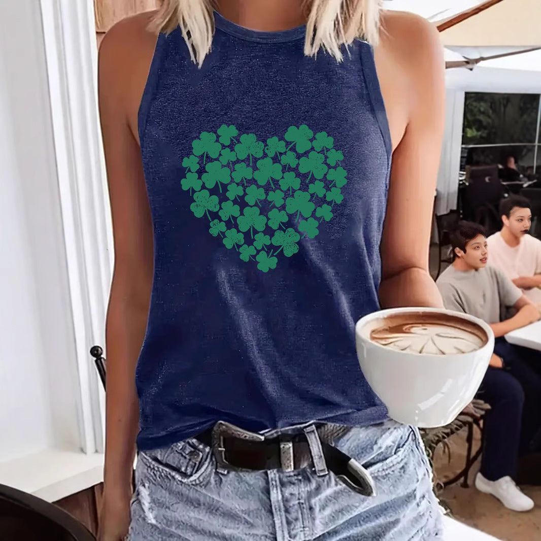 Lucky Clover Heart Printed Tank Top - Western Style Sleeveless Cotton Shirt from Mish Mash Market