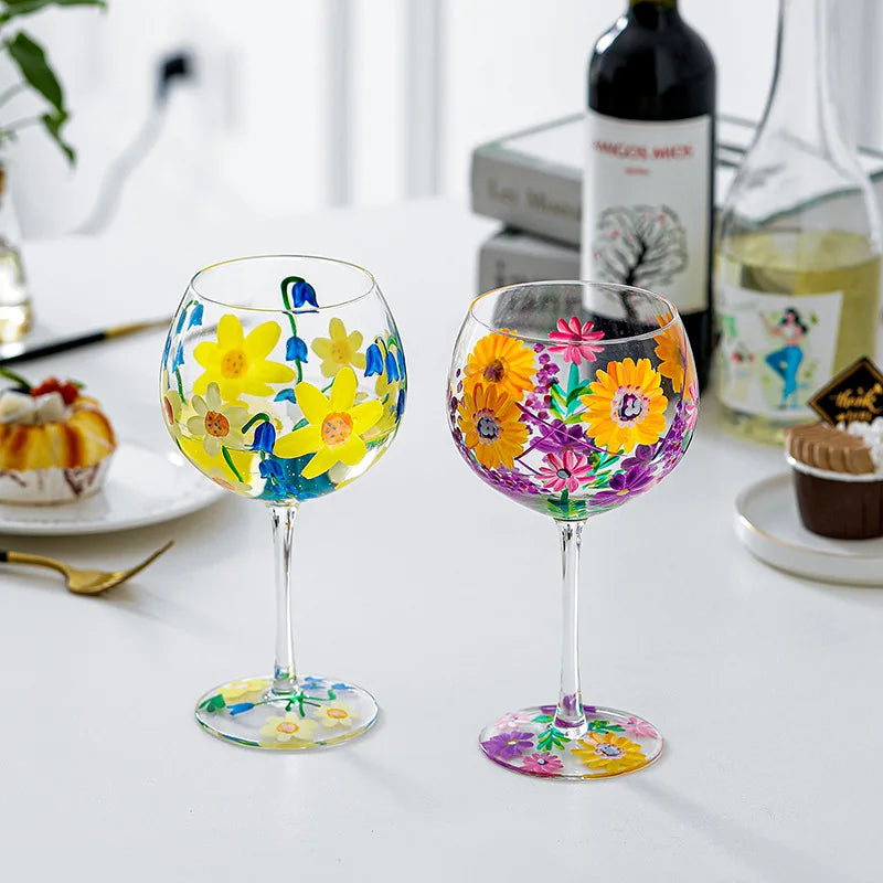 Nordic Hand-Painted Floral Wine Glass – Elegant Crystal Goblet for Weddings & Home