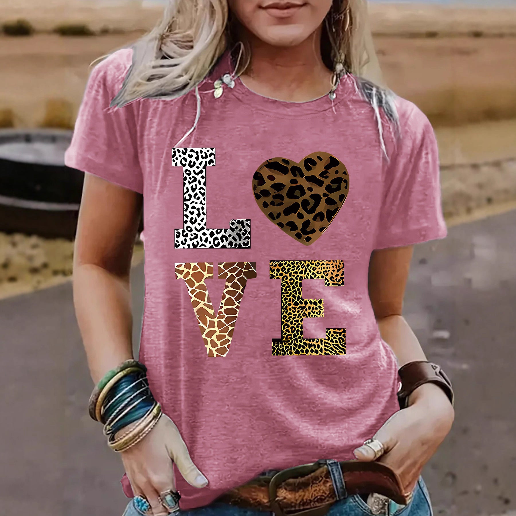 Women’s Leopard Print Love Heart T-Shirt – Short Sleeve Crew Neck Graphic Tee