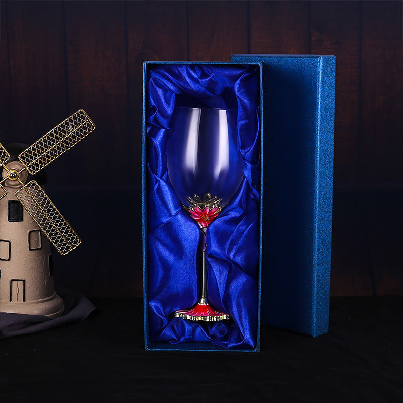European Handcrafted Enamel Flower Motif Crystal Red Wine Glass from Mish Mash Market