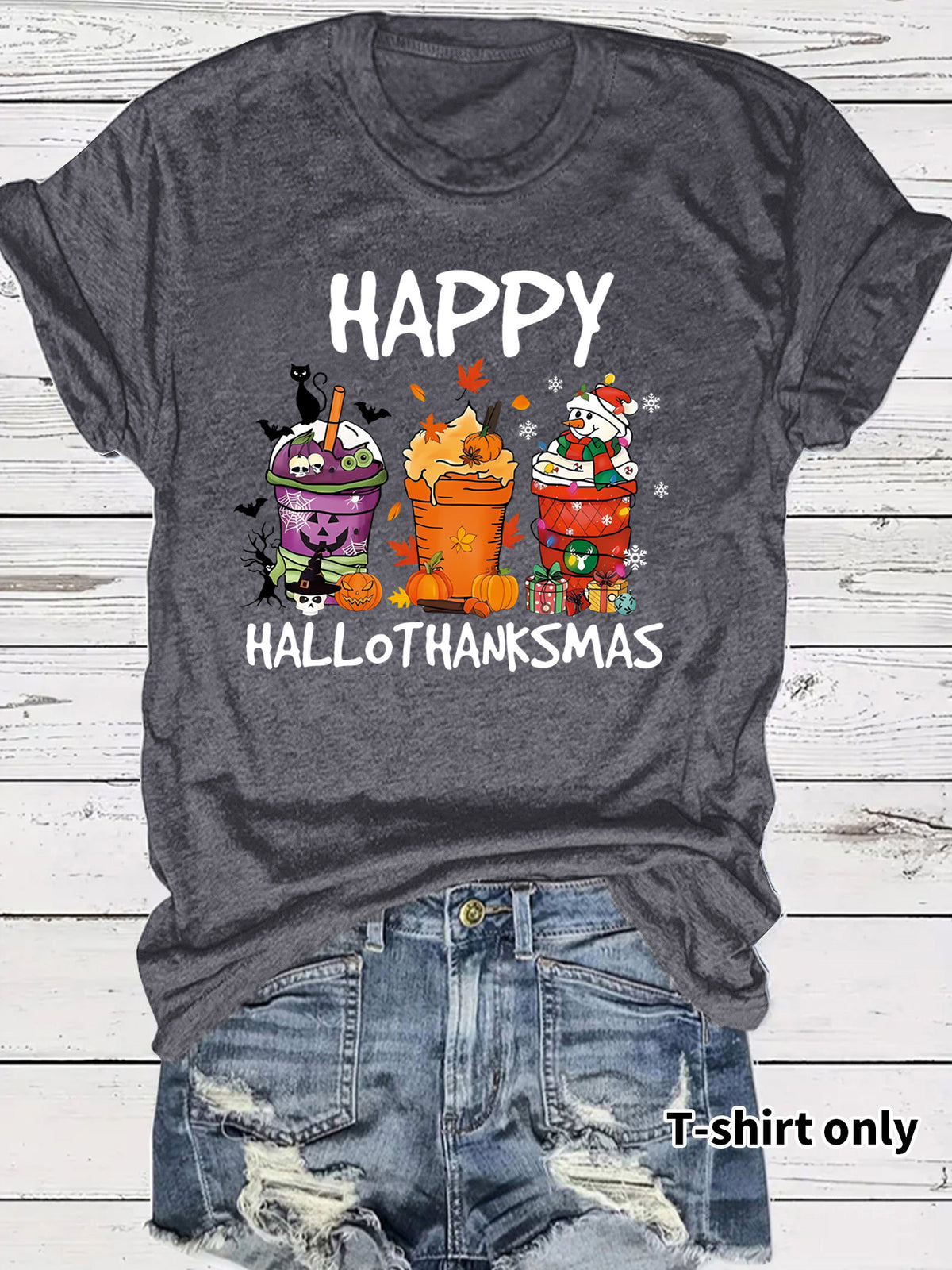 Women's Happy Hallothanksmas T-Shirt – Holiday Graphic Crew Neck Short Sleeve Top from Mish Mash Market