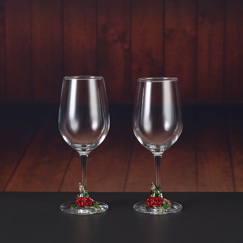 Handmade Enamel Crystal Wine Goblet with Vintage Floral Design and Matching Decanter