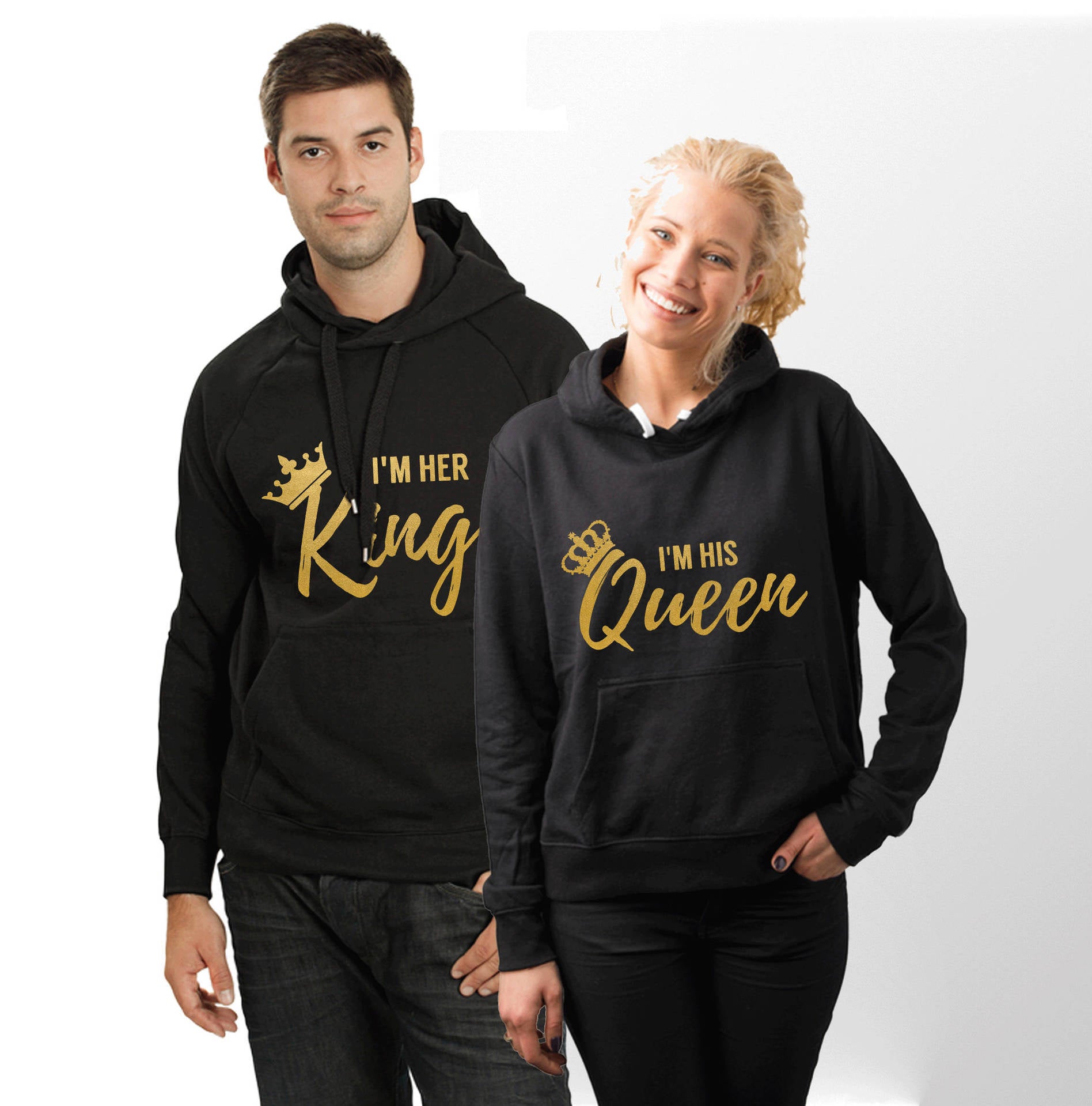 Couple Hooded Sweatshirt with Fleece Lining - I Am His King Queen Gold Letter Creative Sweatshirt from Mish Mash Market