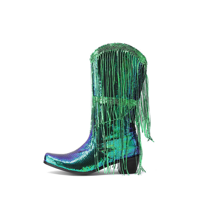 Shiny Glitter Western Boots with Tassels - Women's Mid-Calf Sequin Heeled Boots