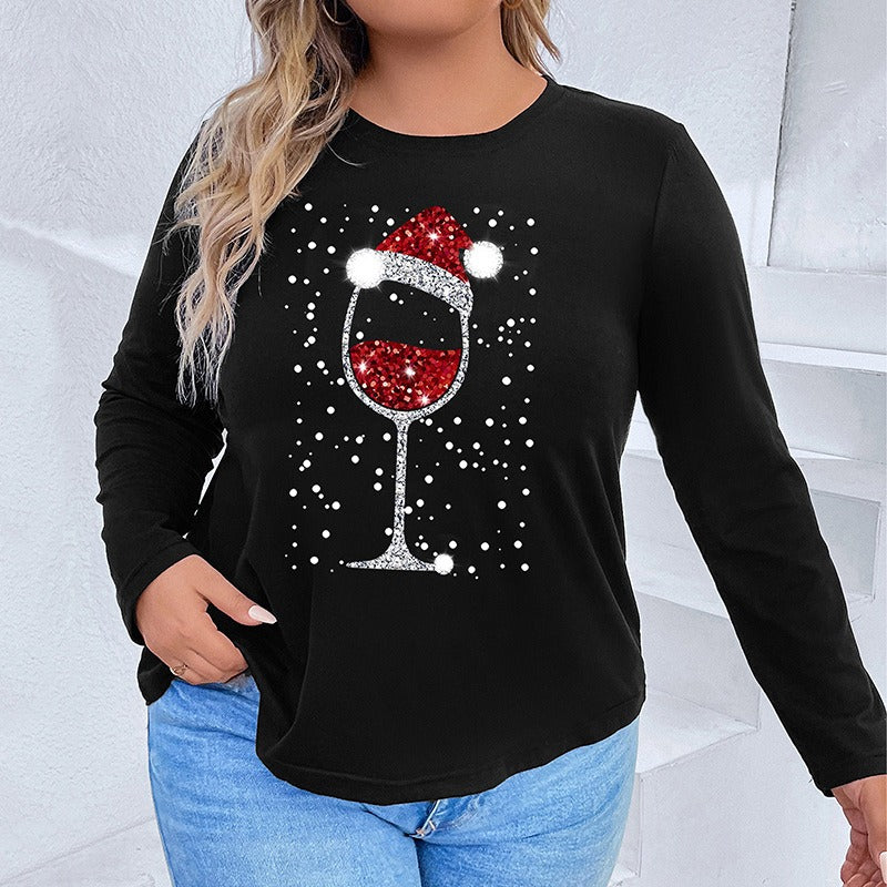 Plus Size Women's Christmas Wine Glass Long Sleeve Top