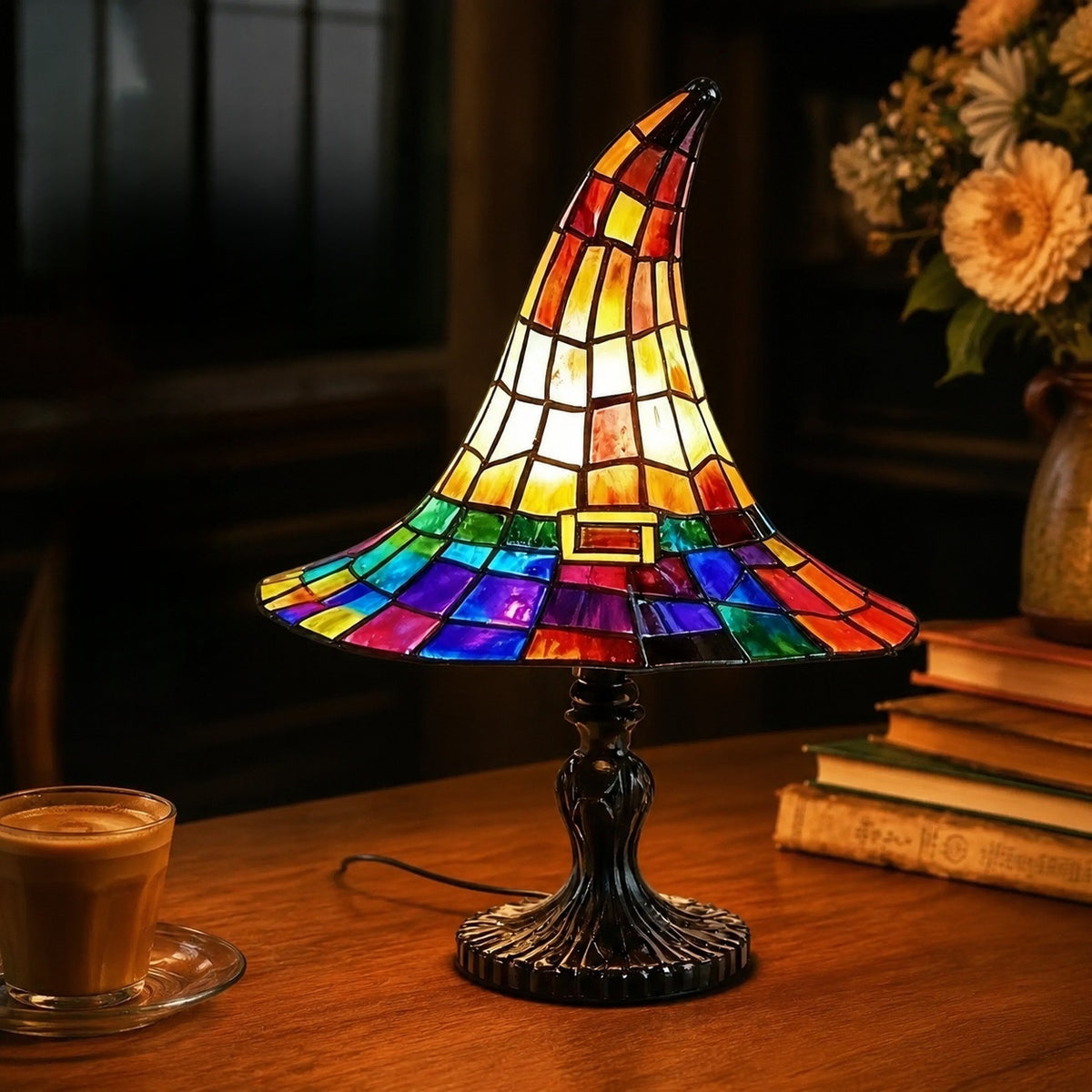 Stained Glass Witch Hat Table Lamp - USB Powered Halloween Resin Decor from Mish Mash Market