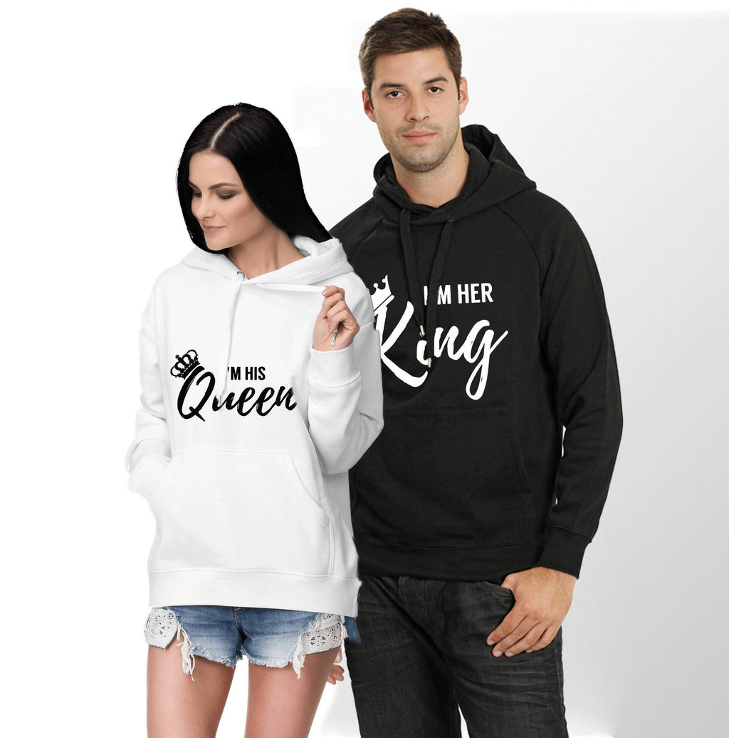 Couple Hooded Sweatshirt with Fleece Lining - I Am His King Queen Gold Letter Creative Sweatshirt from Mish Mash Market