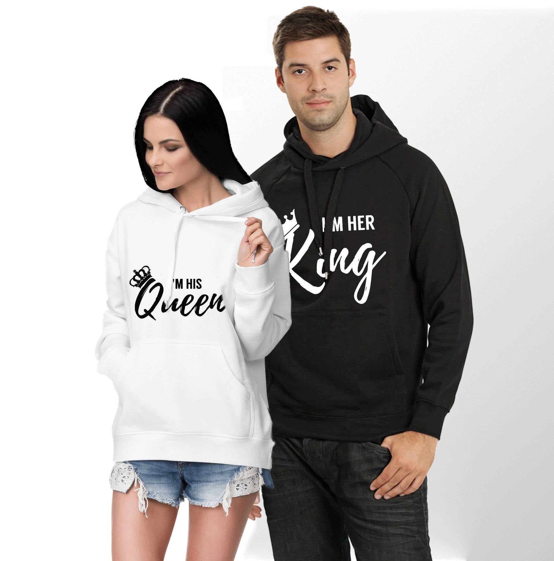 Couple Hooded Sweatshirt with Fleece Lining - I Am His King Queen Gold Letter Creative Sweatshirt from Mish Mash Market