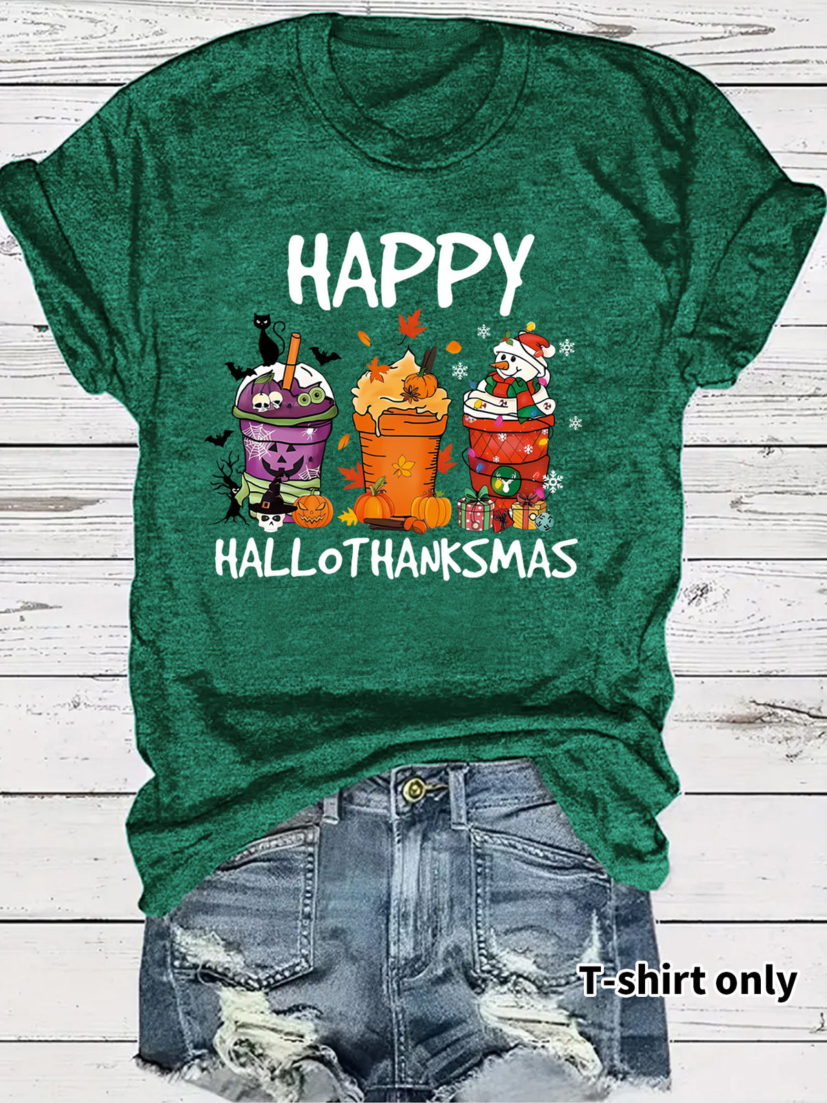Women's Happy Hallothanksmas T-Shirt – Holiday Graphic Crew Neck Short Sleeve Top from Mish Mash Market