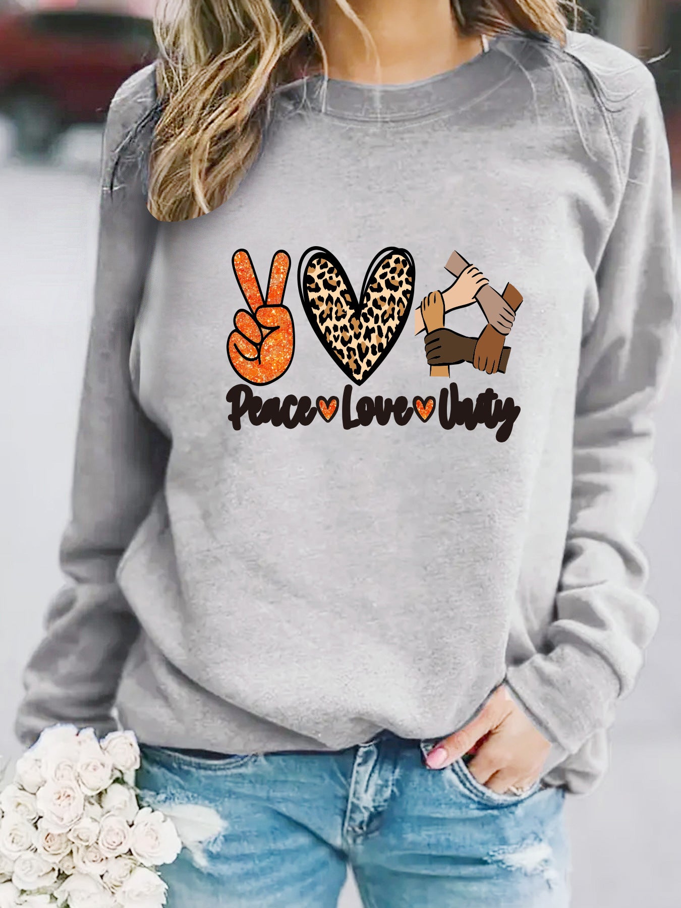 Women’s Peace Love Unity Printed Pullover – Casual Long Sleeve Crew Neck Graphic Sweatshirt