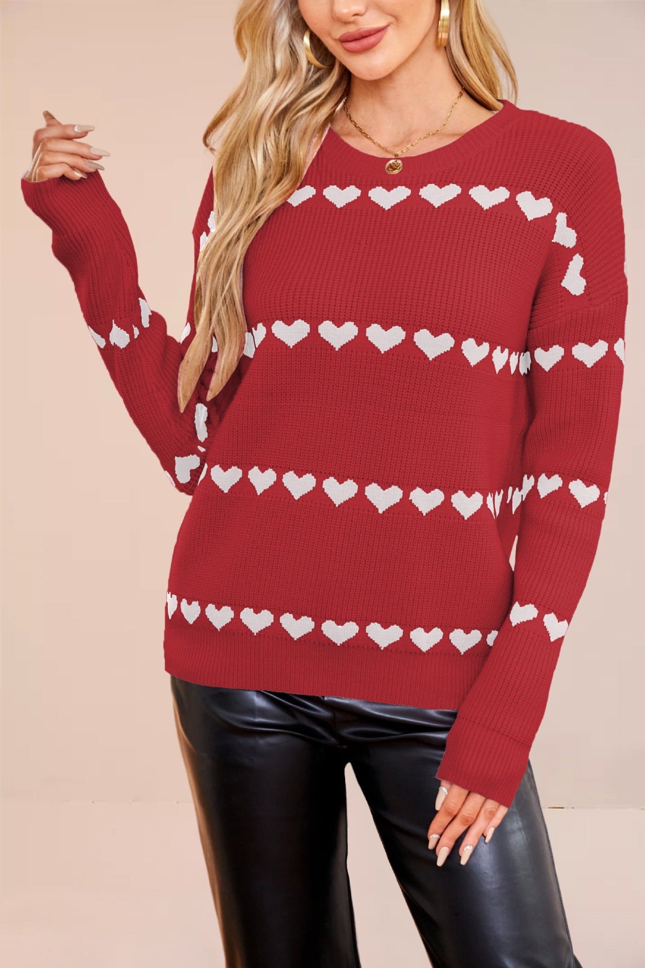 Women’s Heart Print Knitted Sweater – Casual Loose Crew Neck Pullover Knitwear