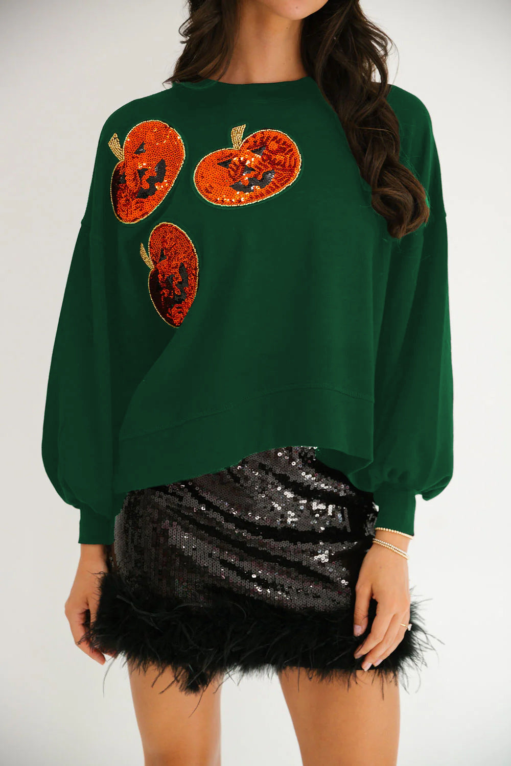 Women's Halloween Pumpkin Sequin Long Sleeve Hoodie - Loose Fit Casual Sweatshirt from Mish Mash Market