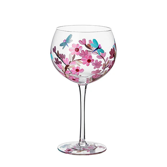 Nordic Hand-Painted Floral Wine Glass – Elegant Crystal Goblet for Weddings & Home
