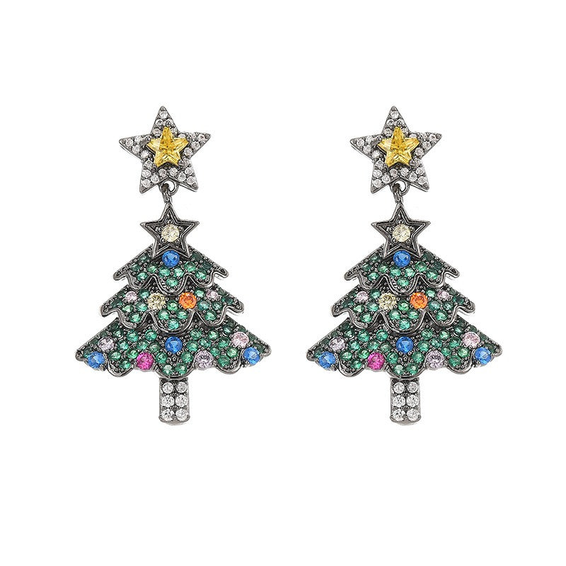 Silver Needle Zircon Star Christmas Tree Drop Earrings