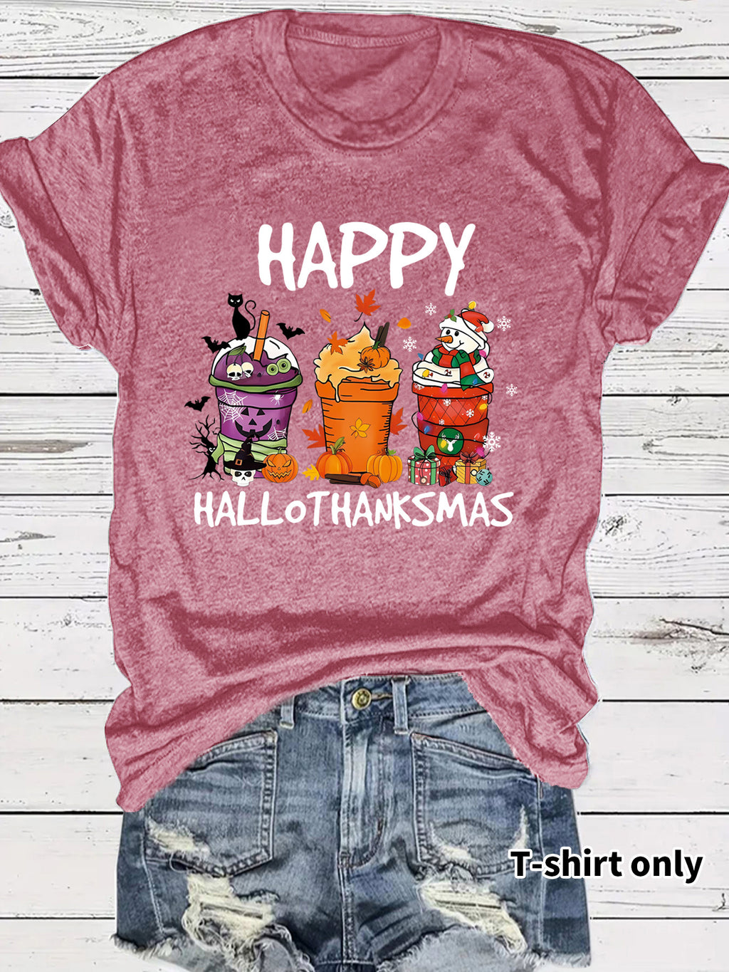 Women's Happy Hallothanksmas T-Shirt – Holiday Graphic Crew Neck Short Sleeve Top from Mish Mash Market