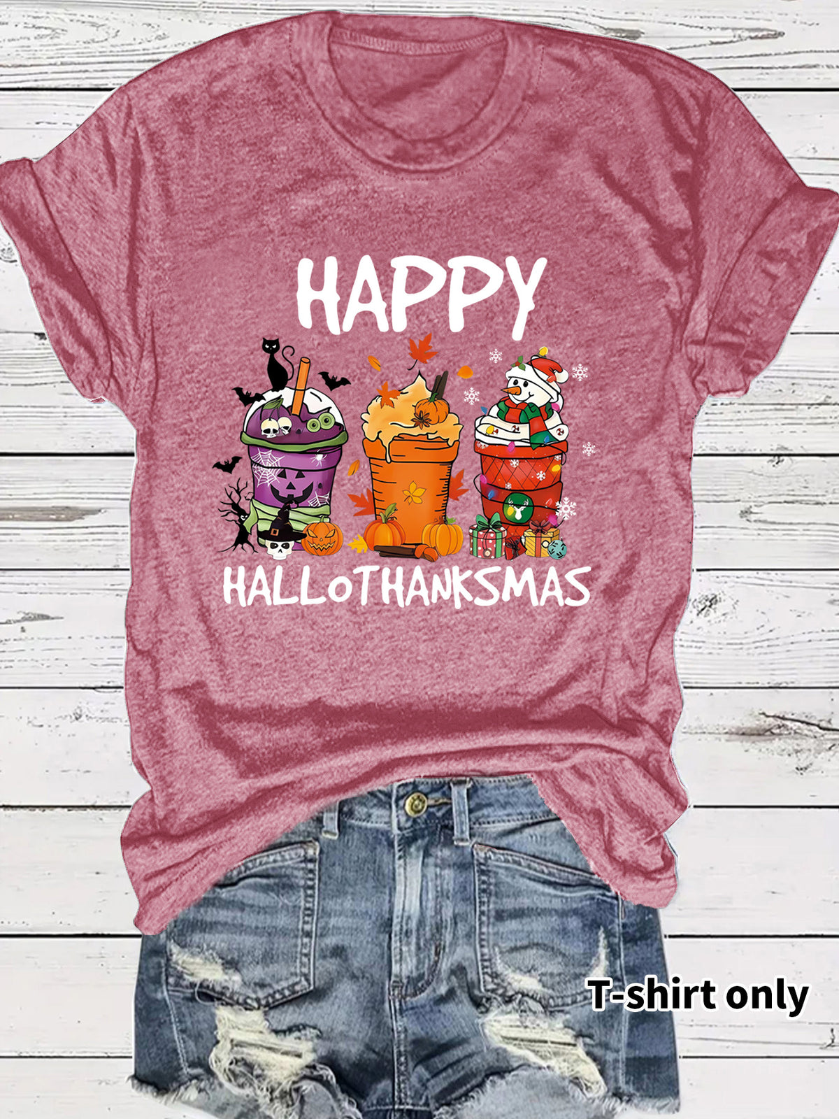 Women's Happy Hallothanksmas T-Shirt – Holiday Graphic Crew Neck Short Sleeve Top from Mish Mash Market