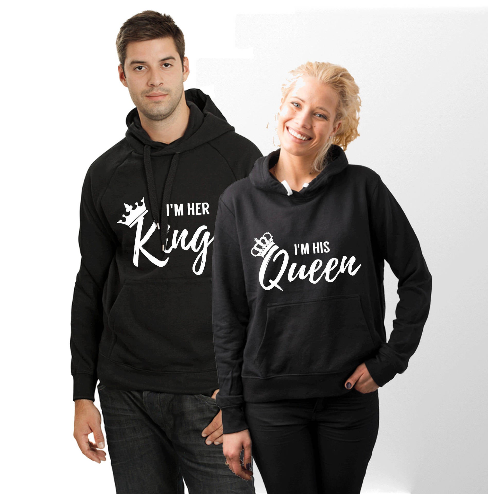 Couple Hooded Sweatshirt with Fleece Lining - I Am His King Queen Gold Letter Creative Sweatshirt from Mish Mash Market