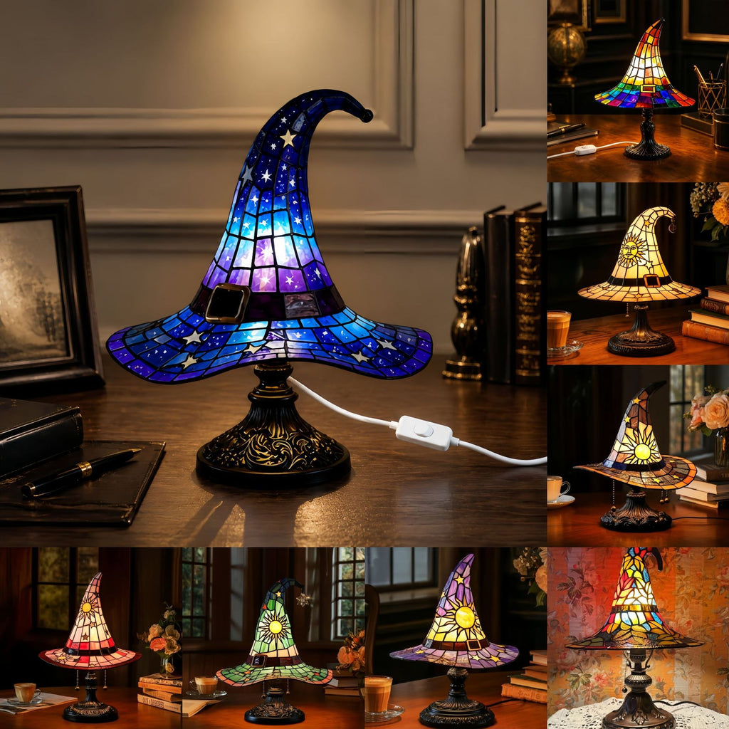 Stained Glass Witch Hat Table Lamp - USB Powered Halloween Resin Decor from Mish Mash Market