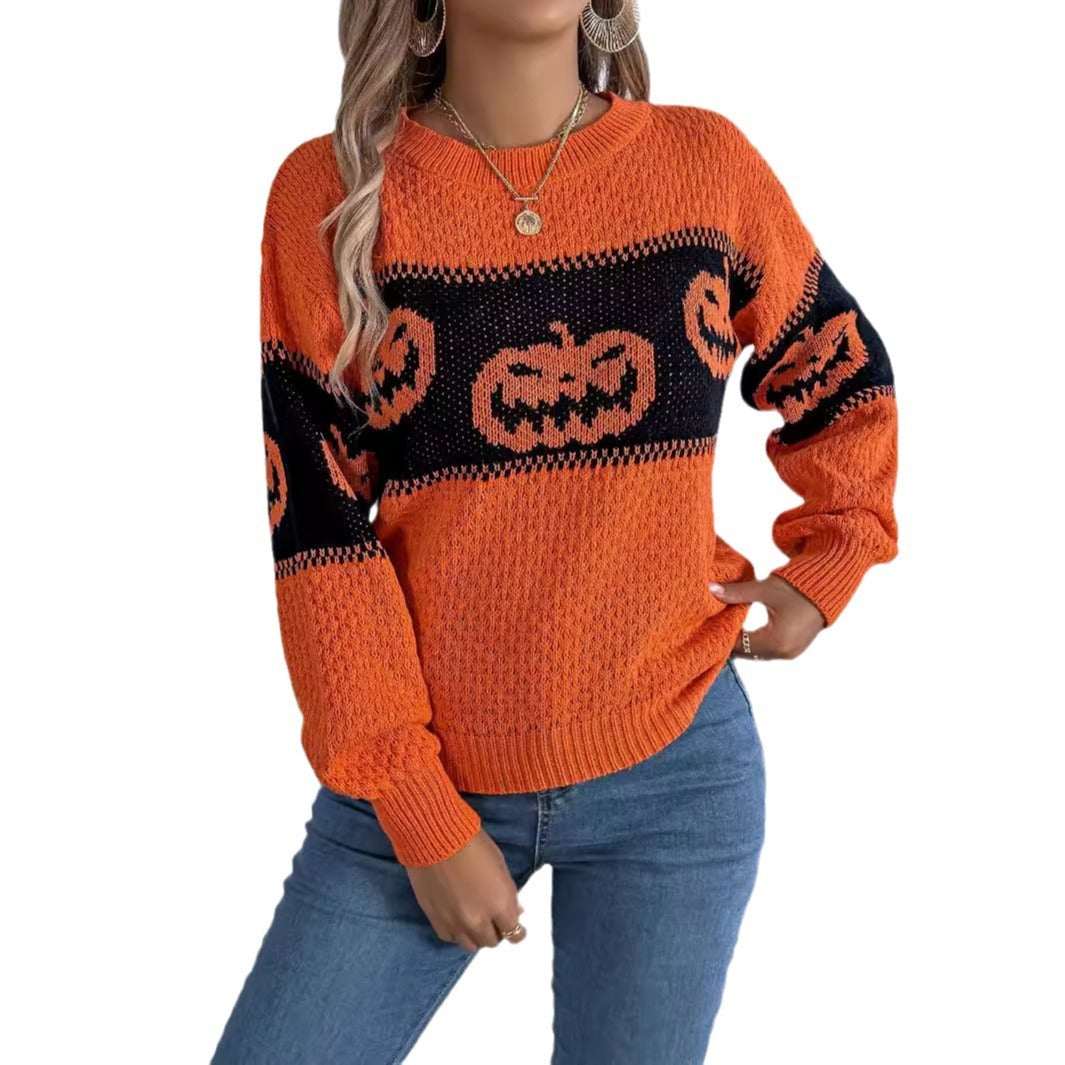 Women's Halloween Pumpkin Face Colorblock Knit Sweater from Mish Mash Market