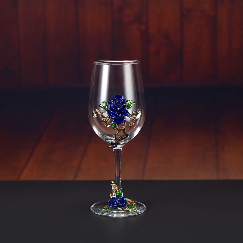 Handmade Enamel Crystal Wine Goblet with Vintage Floral Design and Matching Decanter