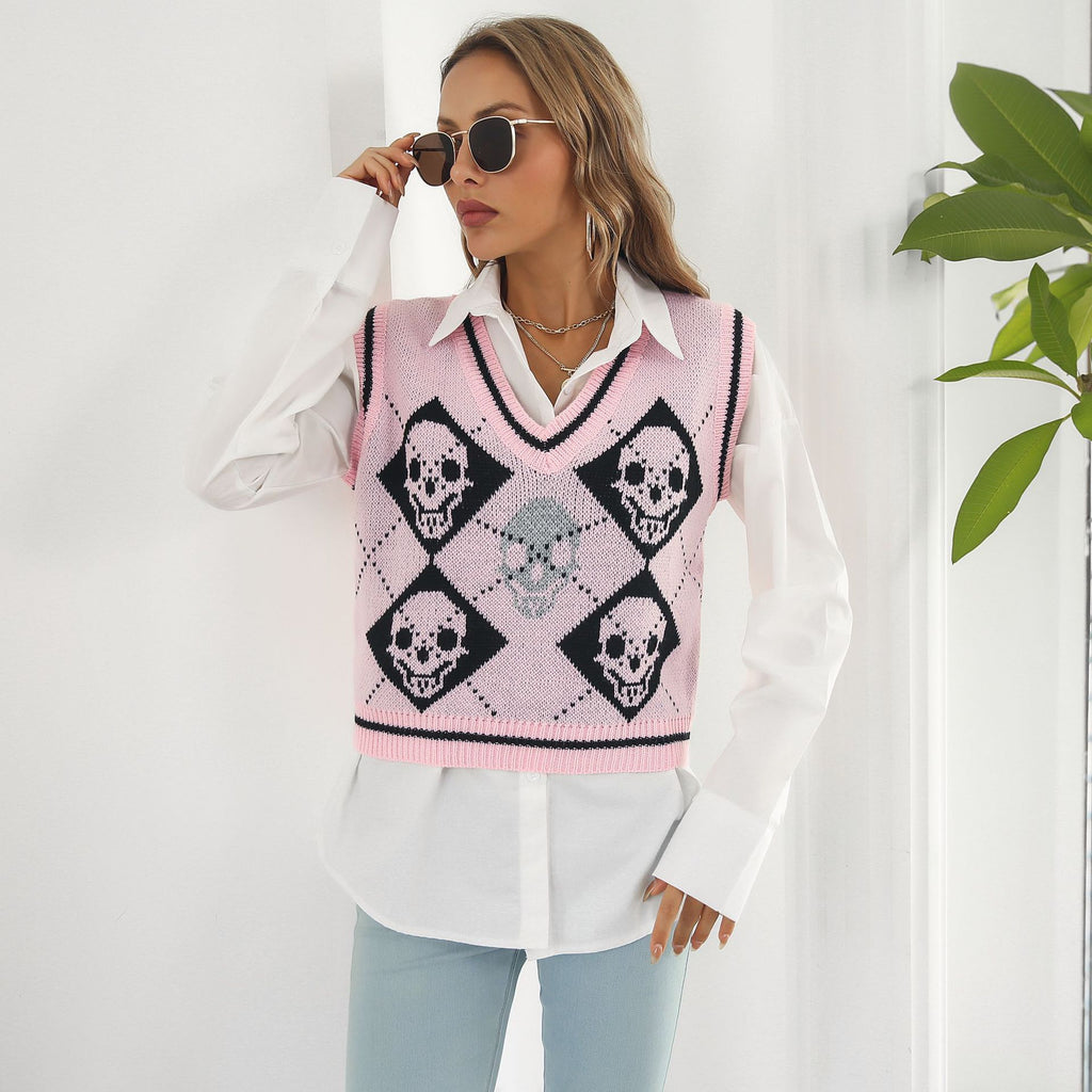 Gothic Skull Diamond Argyle Knit Vest – Women’s Autumn Sleeveless Sweater from Mish Mash Market