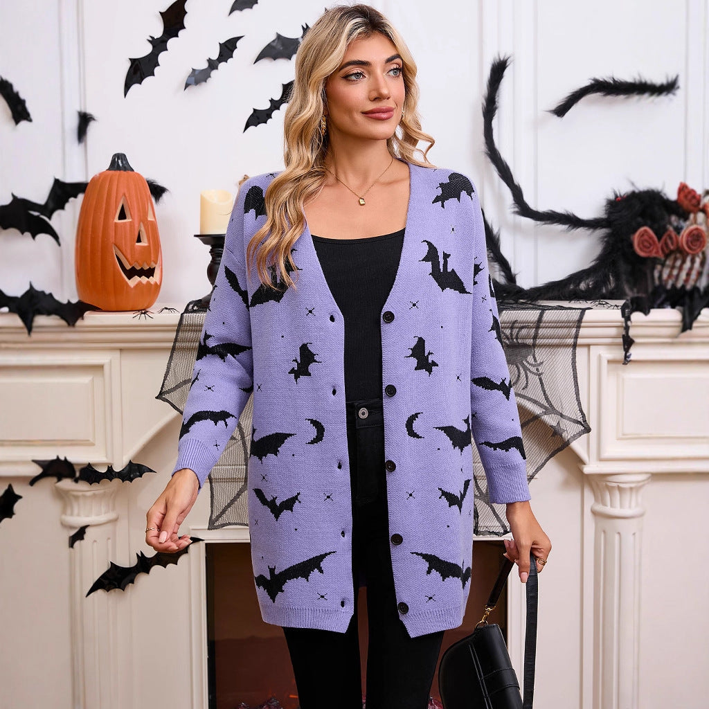 Women's Halloween Bat Jacquard Open-Front Knit Cardigan Sweater from Mish Mash Market