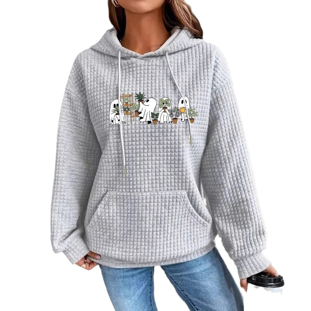 Women's Waffle Knit Halloween Ghost Graphic Hoodie with Kangaroo Pocket from Mish Mash Market