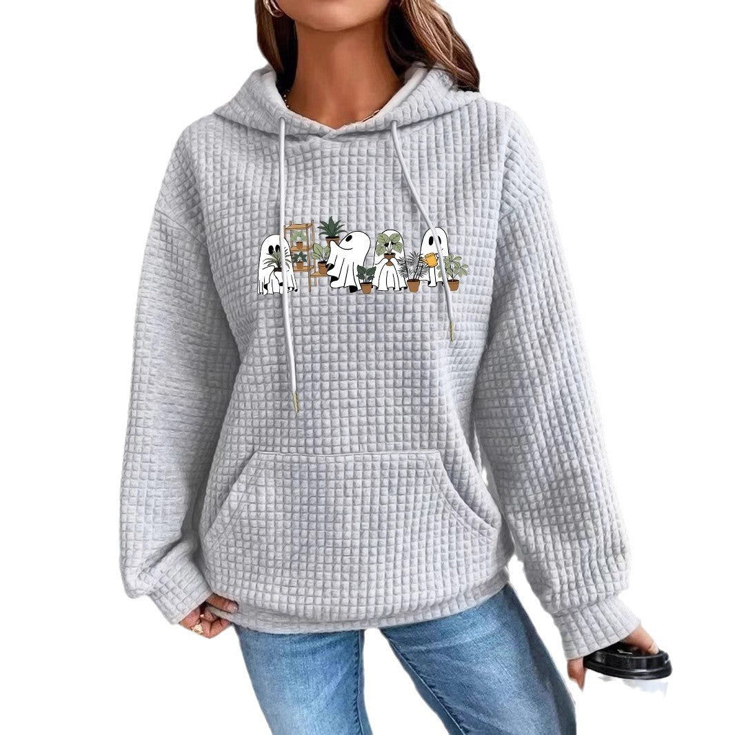 Women's Waffle Knit Halloween Ghost Graphic Hoodie with Kangaroo Pocket from Mish Mash Market